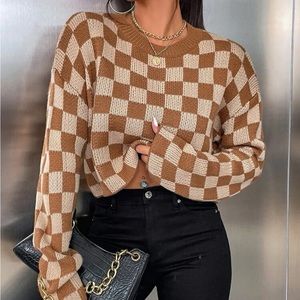Drop shoulder checkered sweater